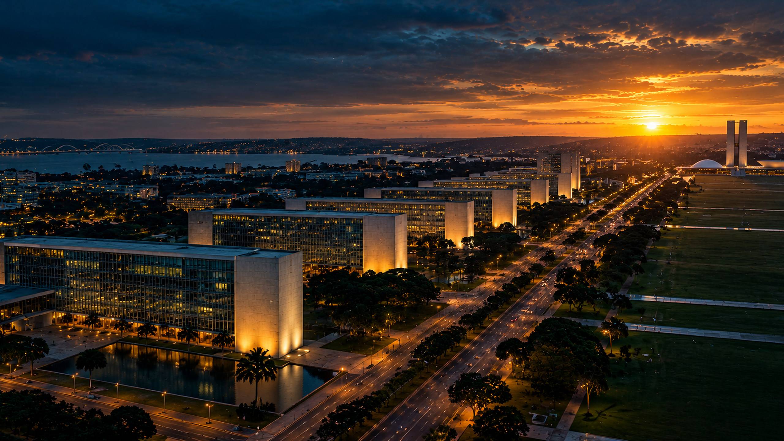 Esplanada dos Ministérios e edifícios institucionais ao entardecer: o centro de decisões da política fiscal.