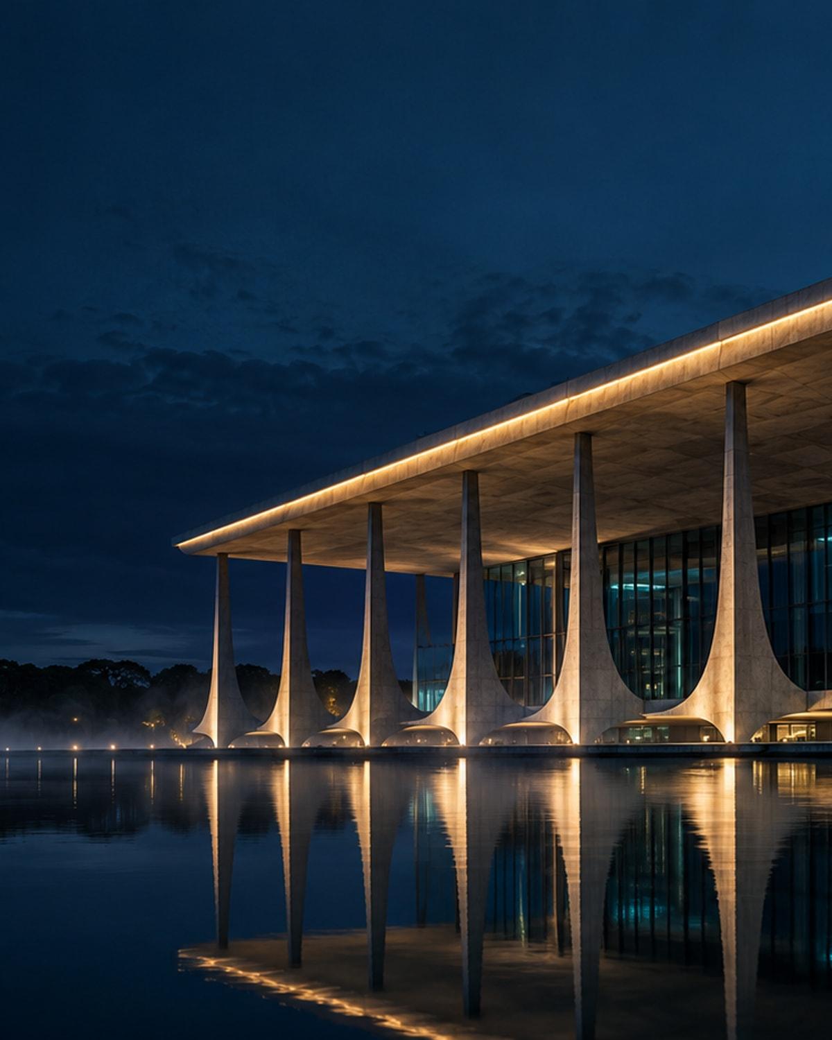 Fachada modernista de concreto com colunatas esguias ao anoitecer, refletida em espelho d’água: arquitetura institucional brasileira.