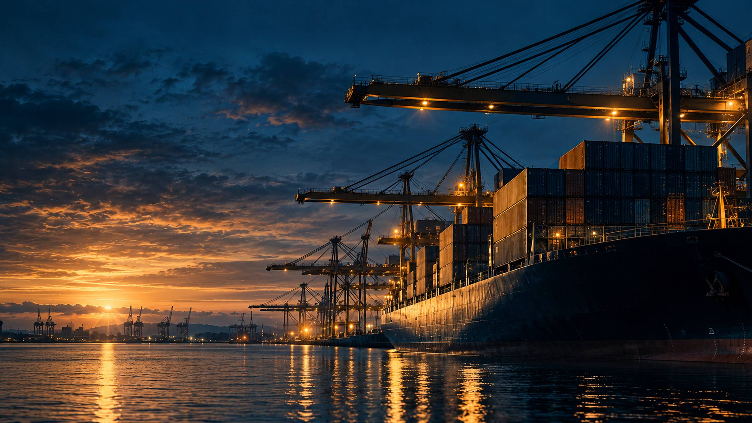 Porto de contêineres e guindastes em atividade logística: ambiente de comércio e atividade econômica.