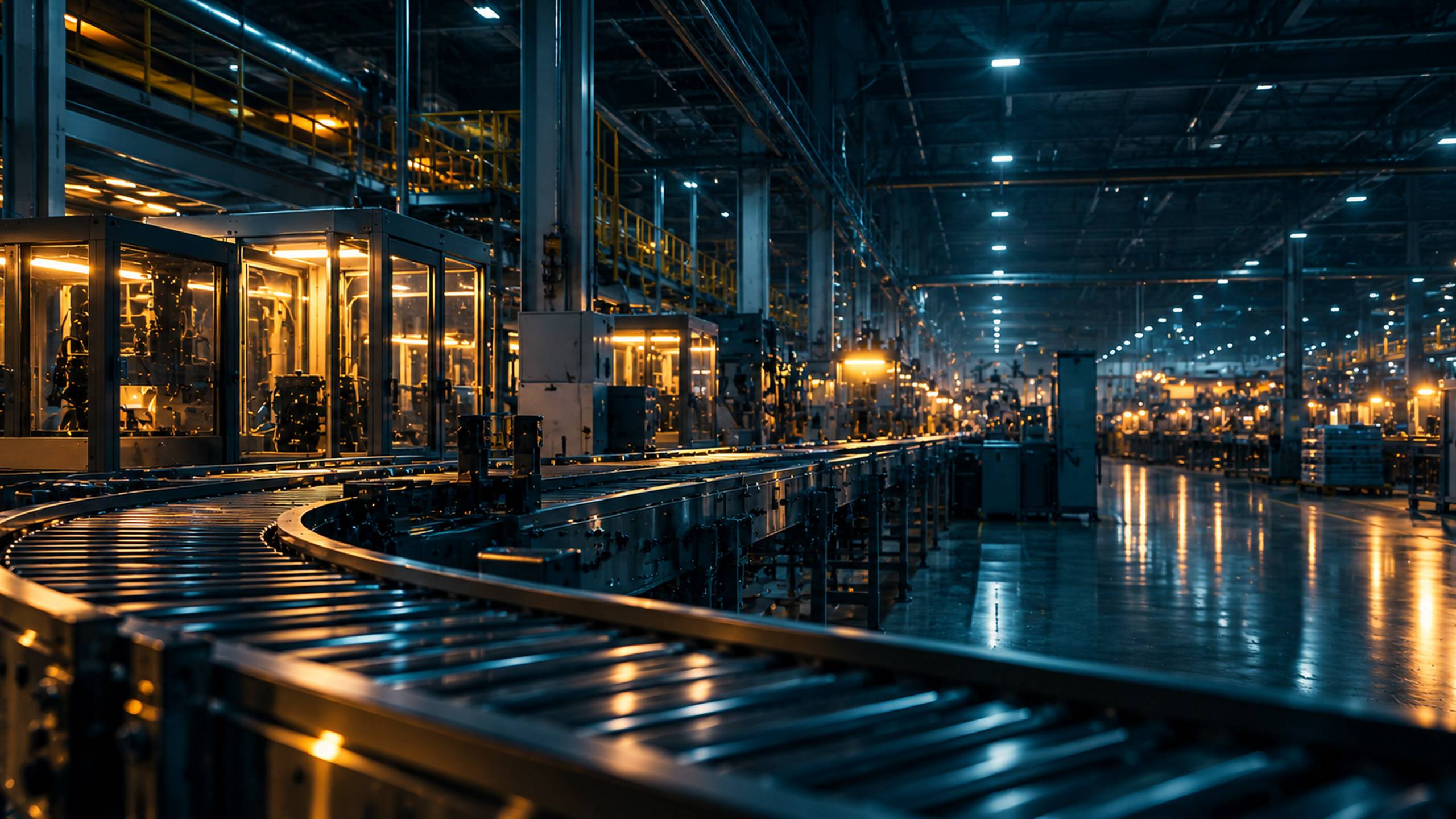 Linha de montagem industrial com braços robóticos e operação fabril: o ambiente de tomada de decisão das empresas.