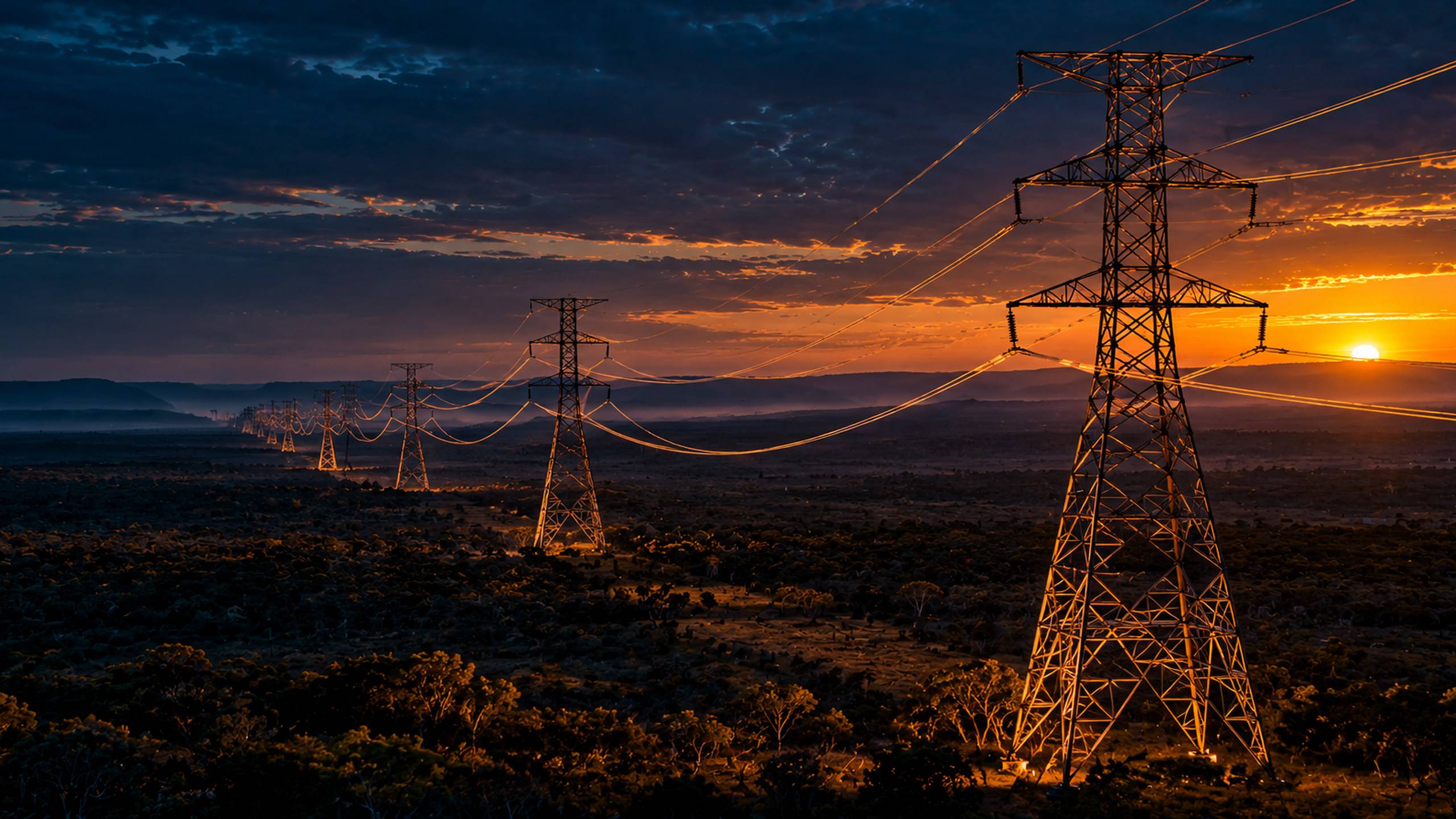 Linhas de transmissão de alta tensão cruzando a paisagem sob o pôr do sol: infraestrutura e regulação setorial.